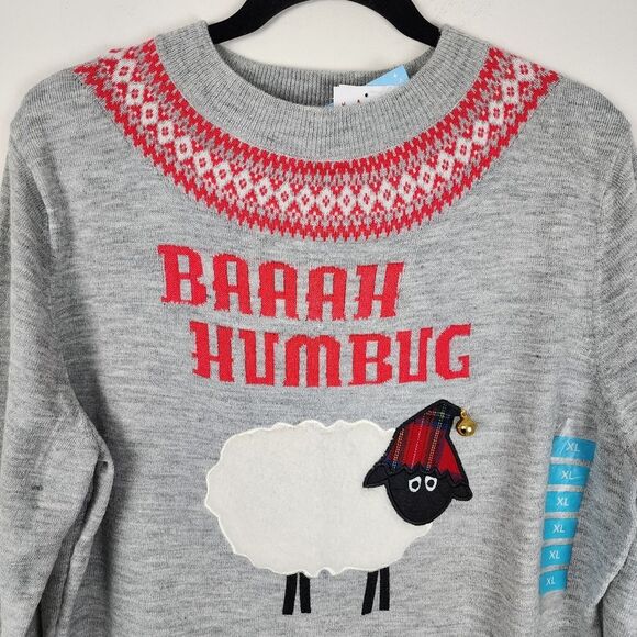 Rockin Around Ugly Sweater Christmas Dress Sweater Sheep Bell Gray Red Nordic XL - Picture 6 of 15